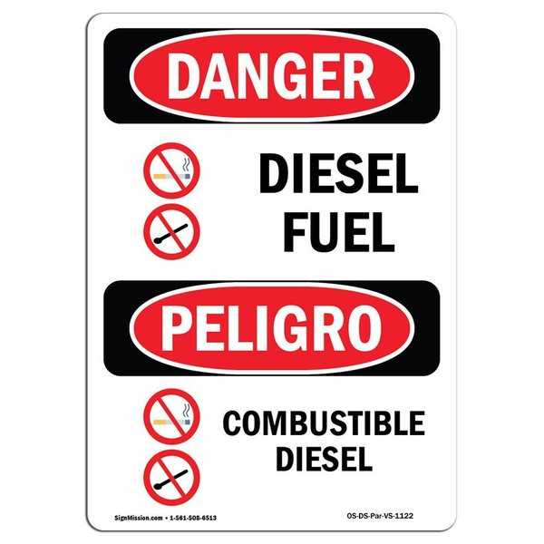 Signmission Safety Sign, OSHA Danger, 14" Height, Rigid Plastic, Combustible Diesel Bilingual Spanish OS-DS-P-1014-VS-1122